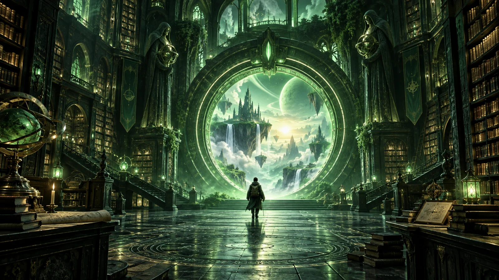 Biblioteca fantástica com um portal verde para outro mundo